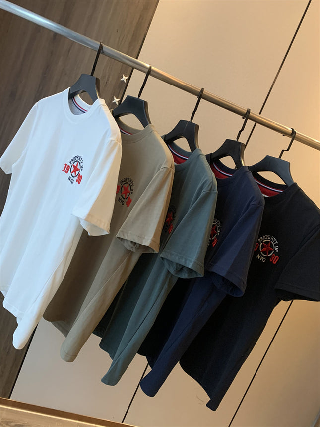 Us Orders! Brushed Long-Staple Cotton! Summer Men's Versatile Casual Short-Sleeve T-Shirt with Five-Pointed Star Embroidery, Breathable