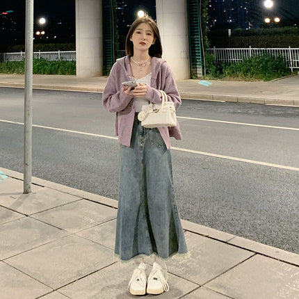 Autumn French Knitted Sweater Coat Denim Fishtail Skirt Two-piece Set Salt Style Gentle Style Elegant Wear a Complete Set