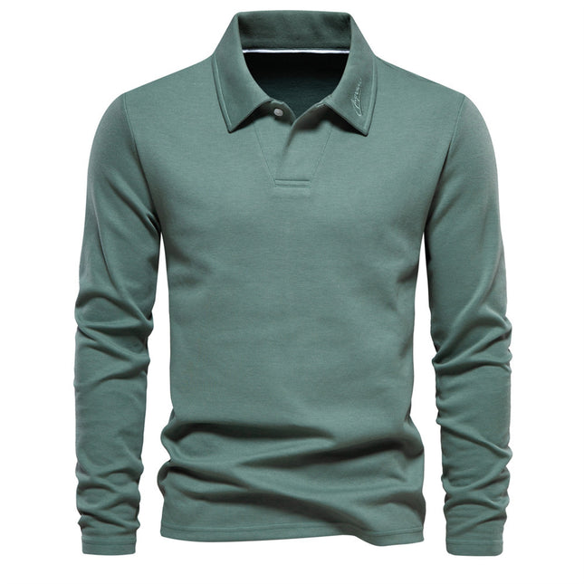 Trendy New Men's Long-Sleeve Versatile Solid Color Polo Shirt Casual Washed Polo Spring and Autumn Collared Cross-Border Grass Green
