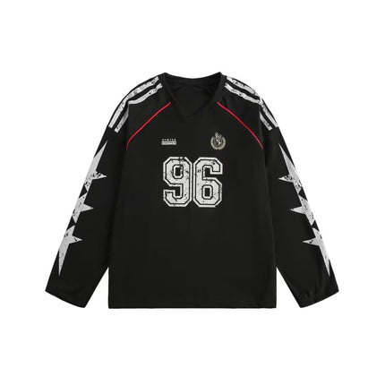 American Letter V-neck Long Sleeve T-shirt Men's and Women's Spring and Autumn Stripe Contrast Color Couple's oversize Ball Suit Design Sweatshirt