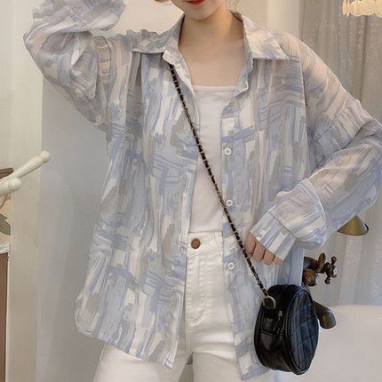 Personalized Printing ~ Retro Elegant Niche Hong Kong Style Long-Sleeved Shirt for Women Spring & Fall New Loose Casual Lapel Shirt