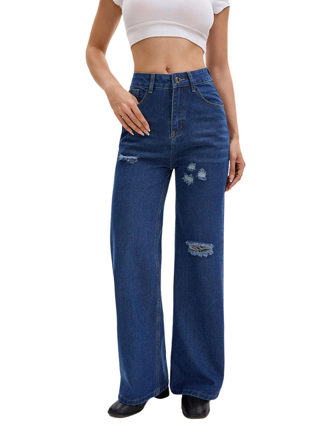 European and American Amazon Women's Fashion 2025 New Ripped High-Waisted Slimming Straight-Leg Floor-Length Jeans Straight Pants