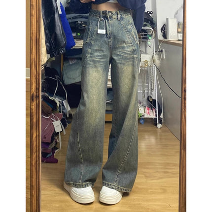Plus Size Cement Gray Distressed Wide-Leg Jeans for Women, Trendy Versatile High-Waisted Loose Slimming Straight-Leg Designer Pants