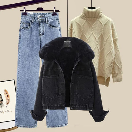 Autumn and Winter Suits for Women 2025 New Style Velvet Thickeneded Denim Jacket Slimming Look Jeans Three-Piece Street Set