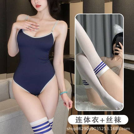 New Sexy Lingerie Open-Crotch High-Cut Japanese-Style Academy Temptation Swimsuit Cosplay Set