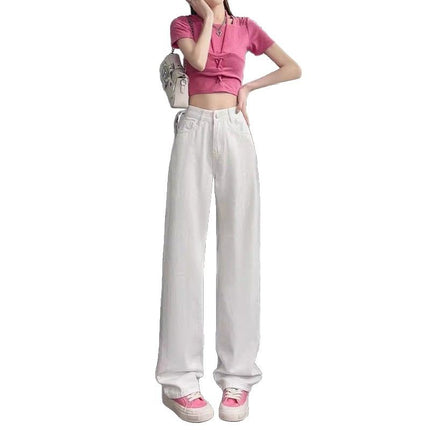White Wide-Leg Jeans Women's Fashionable All-Match High Waist Slimming Loose plus size chubby girl Narrow Style Straight Pants