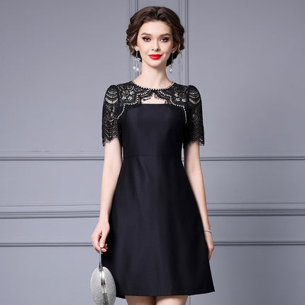 Zhili noble and elegant temperament dress heavy industry nail drill lace stitching short sleeve high waist A- line skirt summer women