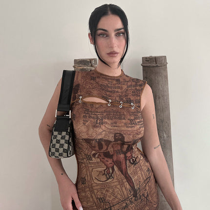 A518DS European and American Spice Girls 2024 Summer New Fashion Printed Round Neck Sleeveless Casual Long Slim Fit dress