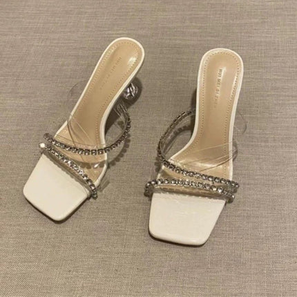 2026 New Style Stunning Transparent Sandals with Rhinestones, High Heels for Women, Square Toe, Wine Glass Heel, Comfortable Slip-On Slippers