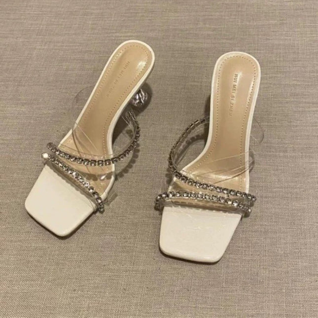 2026 New Style Stunning Transparent Sandals with Rhinestones, High Heels for Women, Square Toe, Wine Glass Heel, Comfortable Slip-On Slippers