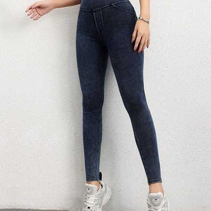 High Stretch Imitation Denim Yoga Pants Sports Fitness Pants Women's High Waist Tight Waist Hip Pants Running Exercise Outer Wear