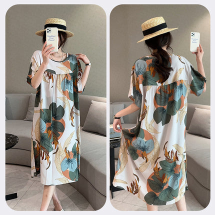 Cotton Silk Nightdress Women's Short-sleeved Artificial Cotton Pajamas Summer Thin Large Size Loose Home Clothes Simple Floral Dress
