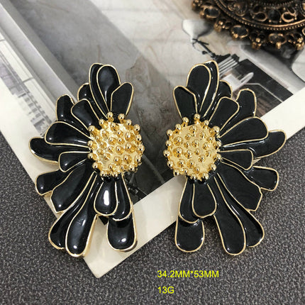 Artistic retro style earrings color enamel glaze chrysanthemum design silver pin earrings niche luxury earrings multi-color optional
