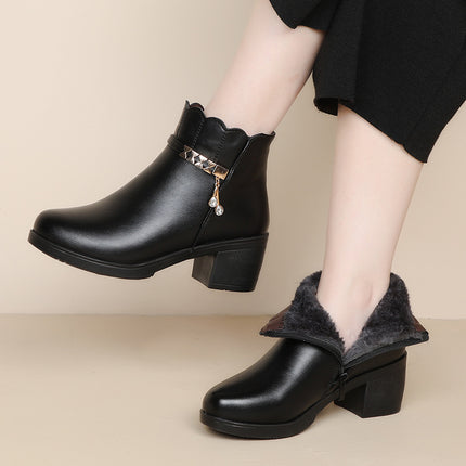 Mother Shoes Thick Heel Cotton Shoes Winter fleece-lined Middle-aged and Elderly Winter Shoes Middle-aged Women's Shoes Warm Short Boots Autumn and Winter Non-slip Leather Shoes