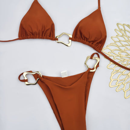 In-Stock 2025 New Style Two-Piece Bikini Swimsuit for Women, European and American Fashion, Sexy Accessories, Buckle Nylon Solid Color Swimwear