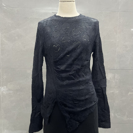 Round Neck Design Brushed Heart Lace Long-Sleeved T-Shirt Women's Bottoming Shirt Slimming Look Asymmetrical Pleated Top