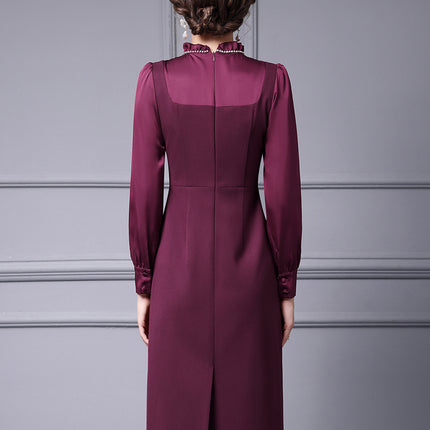 Zhili Spring Collection Women's Long Sleeve High-End Wine Red Floral Slim Fit Dress 2026 New Model