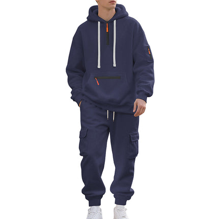 Cross-Border Foreign Trade Winter Large Size American Heavyweight Plus Velvet Loose Men's Casual Sports Multi-Pocket Workwear Suit for Men