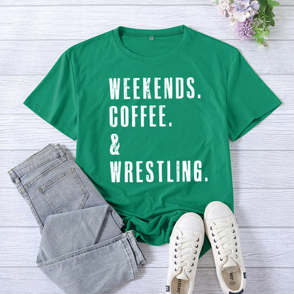 Cross-border Amazon WEEKENDS COFFEE WRESTLING printed short-sleeved women's top T-shirt European code