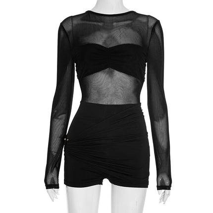 Sanhu Lianjiang C25Rp262 European and American Autumn and Winter Women's Sexy Sexy Style Big Backless Slim Mesh Jumpsuit Shorts