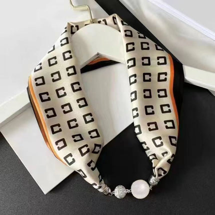 2026 New Magnetic Buckle Small Silk Scarf with Geometric Patterns and Rhinestones, Magnetic Necklace Scarf, Women's Hairband Scarf