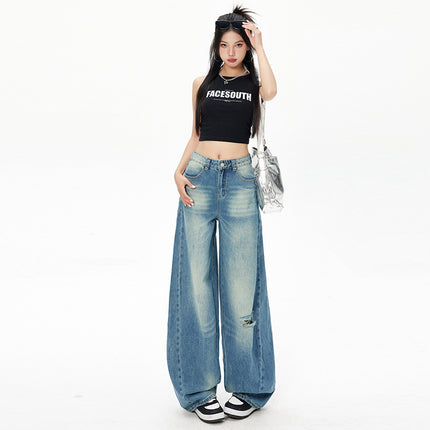 Retro American-Style Washed Ripped Design Curved Knife Jeans for Women Cross-Border Three-Dimensional Cut Silhouette Banana Pants