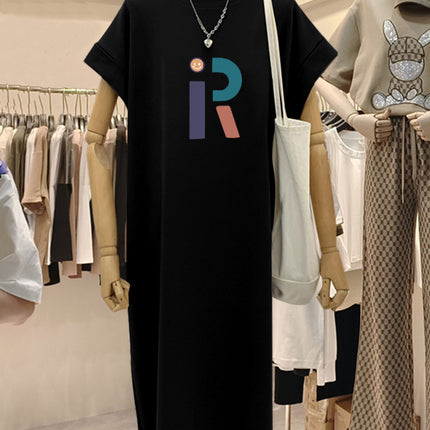 plus size Short-sleeved Cotton Mid-length Dress Women's 2025 Summer New All-match Loose Long Dress Flying Sleeve Split dress