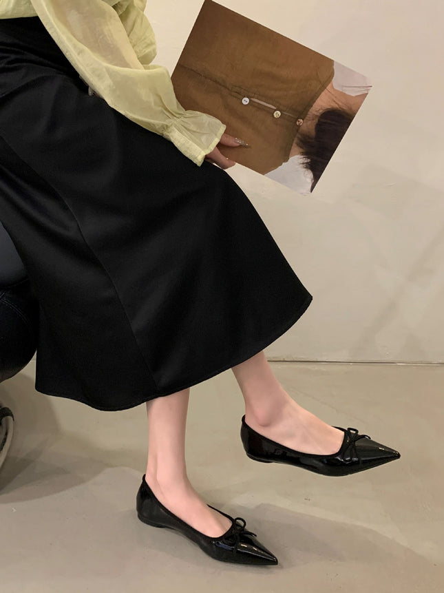 French-Style Bow Shallow Mouth Single Shoes 2025 Early Summer New Slip-On Patent Leather Shoes Versatile Simple Pointed Toe Work Shoes
