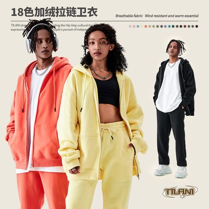Tilani Cross-Border Men's Sweatshirt Velvet Jacket European and American 350g Autumn and Winter Zipper Hoodie Thick Pure Color Sweatshirt