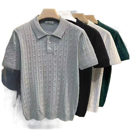 2025 Summer Cable Textured Lapel Short Sleeve Polo Shirt Men's Casual Easiest for Match Temperament Short Sleeve Sweater Trendy