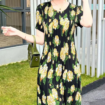 Miyake pleated 2025 summer new temperament round neck printed pleated skirt fashion waist thin magic dress