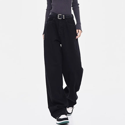 Black Straight-Leg Jeans for Women, Trendy Versatile New High-Waisted Slimming Plus-Size Casual Loose Drape Wide-Leg Pants