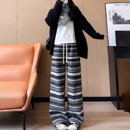 American Stripesd Wide-Leg Pants for Women in Autumn and Winter, Retro Ethnic Style Straight-Leg Glutinous Rice Pants for Girls, High-Waisted Casual Lazy Pants