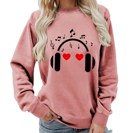 Music Headphones Love Printed Round Neck Women's Top Sweatshirt Foreign Trade Supply Autumn and Winter Coat Casual Loose European Size