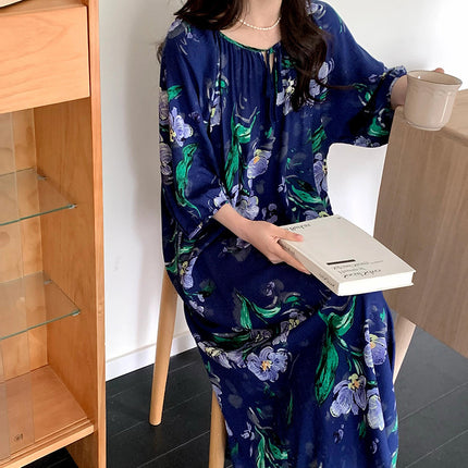 2026 New Cotton Silk Nightgown for Women, High-End Printed Short-Sleeved Long Dress, Large Size, Thin Style, Can Be Worn Outside as Loungewear