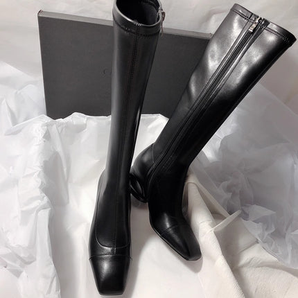 Minimalist Style ~ Small Square Toe Thick Heel Boots for Women, No More Than Knee Soft Leather Boots for Women, Simple White High Boots for Women