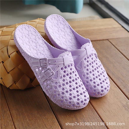Non-slip Slippers Summer Flat Bottom Baotou Hole Bathroom Middle-aged and Elderly Anti-fall Hollow Soft Bottom Beach Fashion Home