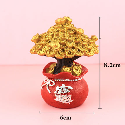 New Chinese-Style Festive Fortune Tree Resin Ornament for Office Desk, with Ingot and Lucky Bag, New Year Gift, Treasure Bowl