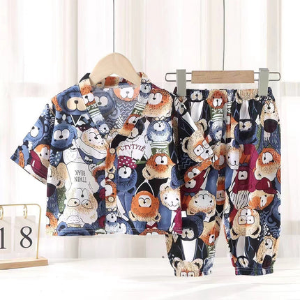 Children's Home Clothes Cotton Silk Suit Summer Boys and Girls Pajamas Artificial Cotton Two-Piece Set Cotton Silk Air-Conditioned Clothes Kidsren's Clothing