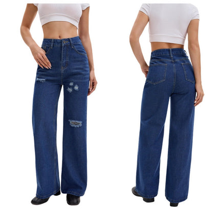 European and American Amazon Women's Fashion 2025 New Ripped High-Waisted Slimming Straight-Leg Floor-Length Jeans Straight Pants