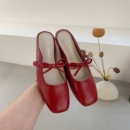 Simple Ballet Shoes with Square Toe and Bowknot, 2025 Summer New Style, Closed-Toe, Open-Back Women's Shoes with a Single Strap