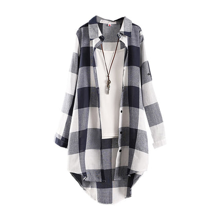 Plaid Shirt Women's Spring and Summer Wear Thin Sun Protection Clothing Cardigan Top Cotton Linen Coat Mid-length Long Sleeve Plaid Shirt