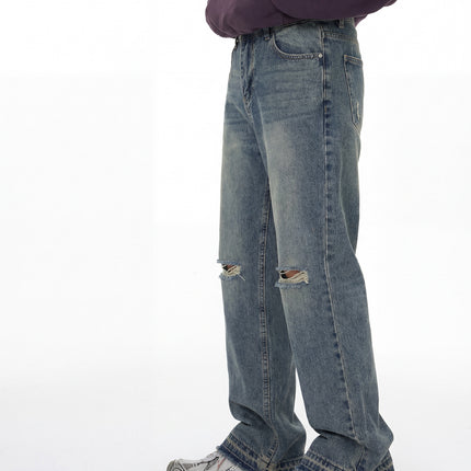 Rdt Men's Clothing | Distressed Washed Destroyed American Knife-Cut Wide-Leg Cleanfit Bootcut Jeans Heavy Wash
