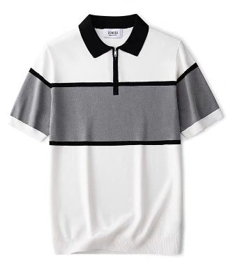 2025 Men's Knitted Polo Shirt Handsome Summer Trendy Men's Right Shoulder Shirt Collar American Zipper Lapel Stripesd T-Shirt