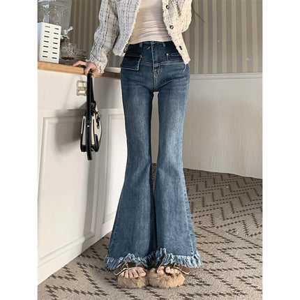 Blue High Waist Micro-Lam Jeans Women's Fashionable All-Match New Arrival Vintage Slim-Fit Slimming Horseshoe Trousers