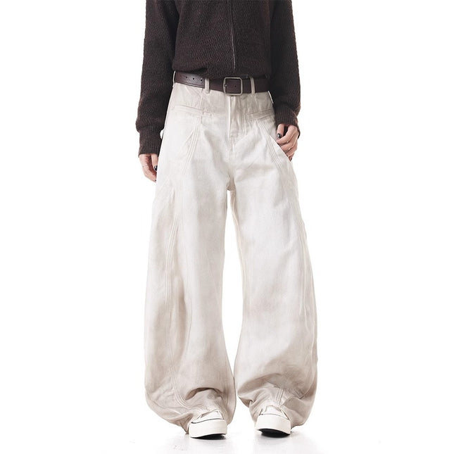 American Retro Dirty Dye Spray-Painted Design White Scimitar Jeans for Men and Women New Loose Versatile Wide-Leg Pants