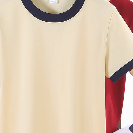 Heavy Shoulder Wine Red Contrast Short-sleeved T-shirt Women's Summer Solid Color Basic Slim-fit Slim-fit Crewneck T-shirt Top Women