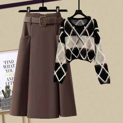 Light luxury women's clothing suit 2024 autumn and winter new design sense rhombus sweater light mature skirt two-piece set