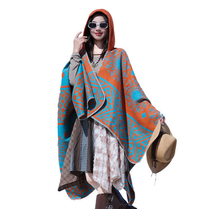 Ethnic Style Hooded Cape Shawl for Women, Fashionable and Stylish Thickened Version, Warm Outerwear for Travel and Photography Scarf