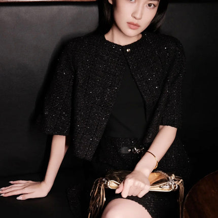 M Home~2025 Spring Sequined French Black Cropped Jacket with Vest Dress Small Fragrant Style Suit Short Style